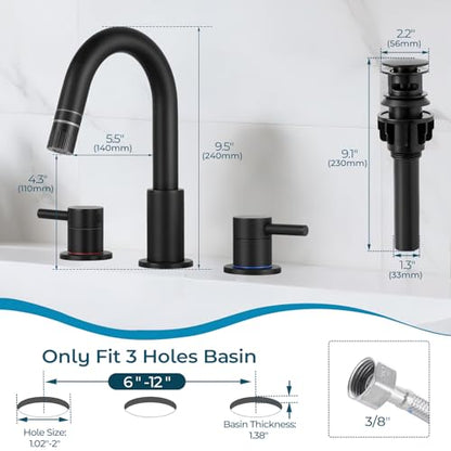 8 Inch Pull Down Bathroom Faucet 3 Hole,Black Bathroom Sink Faucet | Stainless Steel,Pull Down Sprayer,3 hole Widespread,with Pop-up Drain,Water Supply Hoses,Two Water Flow Modes, Black - color: A-Matte Black