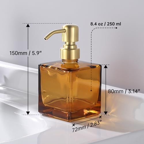 Square Bathroom Soap Dispenser Amber Bottle with Brushed Gold Pump, Retangle Cube 8.4 oz Glass Bottles with Stainless Steel Pump Hand Liquid Soap Dispenser Kitchen - color: Amber Bottle + Gold Pump
