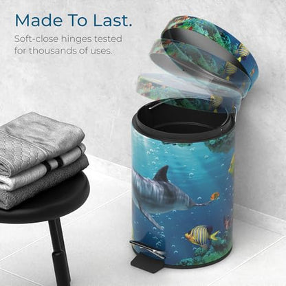Sanilo Small Bathroom Trash Can with Lid [1.3 Gallon] - Lidded Tiny Trashcan for Garbage - Mini Metal Bin with Soft Closing Mechanism - Bath Room Accessoire Wastebin with Inner Bucket (Dolphin) - color: Dolphin