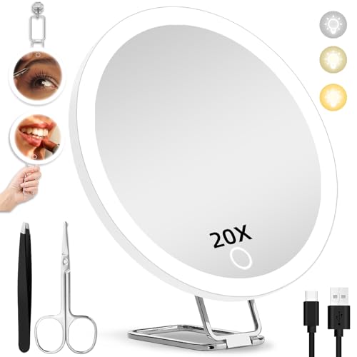 20X Magnifying Mirror with Lights, 6inch Makeup Magnified Mirror 20x Lighted Travel Magnification with 3 Suction Cups and 360° Adjustable Stand- Includes Tweezers & Scissors - color: White-20x