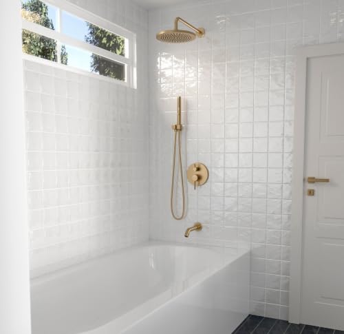 Lava Odoro Modern 3-Setting Bathtub and Shower Faucet, Gold Rainfall Tub Shower Faucet Set Shower Head and Handle Set, Tub Shower Valve Trim Kit, 10 Inch, Champagne Gold, SF104-CB-T - color: Champagne Gold, style: With Tub Spout