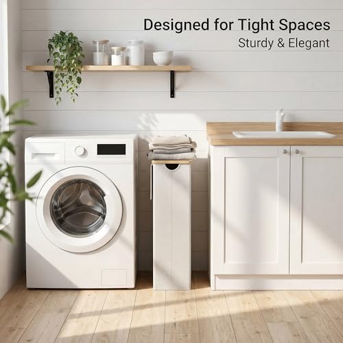 efluky Slim Laundry Basket with Lid, Narrow Laundry Hamper with Removable Bag, Skinny Dirty Clothes Basket with Bamboo Handles for Bathroom, Bedroom & Laundry Room, 75L Beige - color: Beige, size: 75L