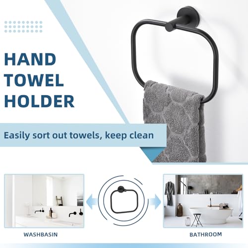 Matte Black Hand Towel Ring for Bathroom Storage, Wall Mounted | Sturdy & Rust-resistant Stainless Steel, 180° Swivel for Easy Towel Access, 7.09" Square Towel Holder, Space-saving Design - color: Matte Black