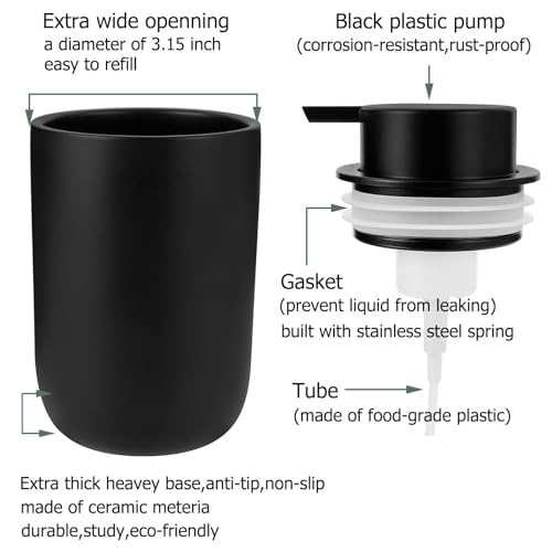 Foaming Soap Dispenser Thick Ceramic Foam Hand Soap Dispenser for Bathroom or Kitchen Sink, Liquid Pump Bottles for Hand soap, Body Wash, 2 Pack Black | Refillable Foam Soap Dispensers for Hand Soap and Body Wash, Ideal for Bathroom Countertop, Kitchen Si