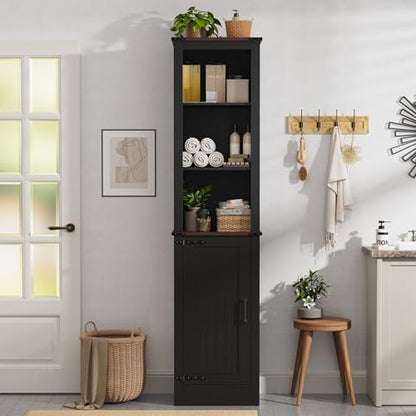 MHOM 71" Tall Bathroom Storage Cabinet. Farmhouse Storage Cabinet with Adjustable Shelves, Narrow Linen Tower Cabinet for Bathroom, Laundry, and, Living Room, Black - color: Black
