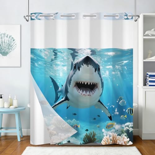 Ocean No Hook Shower Curtain with Snap in Liner Set, Shark Shower Curtain with Mesh Top Window and Weighted Hem, 71x74in Hotel Style Summer Double-layer Waterproof Fabric Shower Curtain for Bathroom - color: Shark