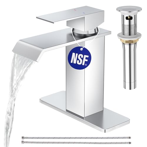 CREA Chrome Waterfall Bathroom Faucet 1 Hole,Chrome Bathroom Faucet Single Handle Bathroom Sink Faucet with Pop Up Drain Stopper/ 3 Hole Plate,Stainless Steel RV Vanity Faucet Basin Mixer Tap - color: Chrome, style: Wide Spout