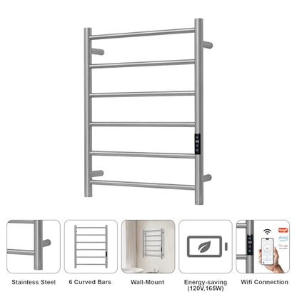 Electric Towel Rack with Voice Control for Alexa & Google Home,TUYA-Wall-Mounted Bathroom Heating Towel Warmer,Plug-in,26.77x20.47x4.39in,Stainless Steel Material,Brushed，6 Bars - color: Brushed With Wifi, size: 6 Bar
