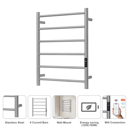 Electric Towel Rack with Voice Control for Alexa & Google Home,TUYA-Wall-Mounted Bathroom Heating Towel Warmer,Plug-in,26.77x20.47x4.39in,Stainless Steel Material,Brushed，6 Bars - color: Brushed With Wifi, size: 6 Bar