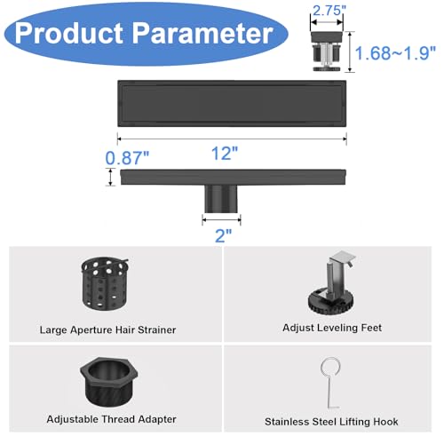 12 Inch Linear Shower Drain-Matte Black, with Tile Insert Grate | AISI 304 Stainless Steel Shower Drain, Rectangle Shower Floor Drain with Leveling Feet, Fits Bathroom & Balcony etc - color: Matte Black, size: 12 Inch