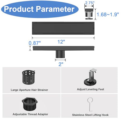 12 Inch Linear Shower Drain-Matte Black, with Tile Insert Grate | AISI 304 Stainless Steel Shower Drain, Rectangle Shower Floor Drain with Leveling Feet, Fits Bathroom & Balcony etc - color: Matte Black, size: 12 Inch