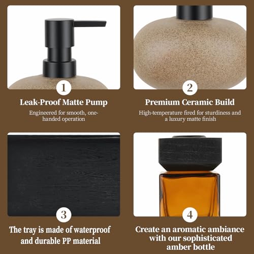 Bathroom Countertop Soap Dispensers Set, 300ml Ceramic Soap Dispenser with Amber Glass Bottle & Black Tray, Brown Ceramic Hand Soap Dispenser for Kitchen and Bathroom Counter - color: Brown