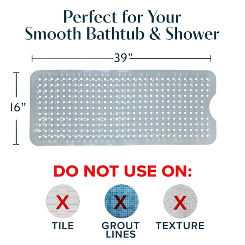 SlipX Solutions 39"x16" Power Grip Non Slip Bathtub Shower Mat, Gray | Stronger Wet Surface Protection, Soft Under Foot, 265+ Suction Cups, Large Drainage Holes - color: Solid Gray