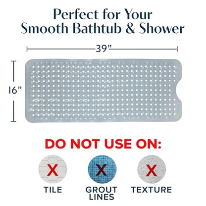 SlipX Solutions 39"x16" Power Grip Non Slip Bathtub Shower Mat, Gray | Stronger Wet Surface Protection, Soft Under Foot, 265+ Suction Cups, Large Drainage Holes - color: Solid Gray