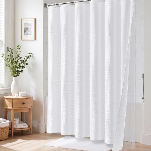3 in 1 Waffle Shower Curtain Set with PEVA Liner 72Wx72H White | 256GSM Heavy Duty Fabric, Waterproof Clear Liner, Hotel Luxury Weighted Cloth Shower Curtains for Bathroom, 12 Plastic Hooks - color: A White, size: 72"W x 72"L (Pack of 1)