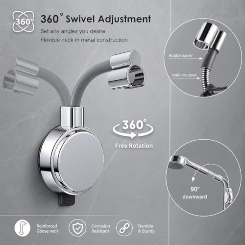 Suction Cup Handheld Shower Head Holder - 360 Swivel Adjustable Metal Neck - Wall Mounted Shower Wand Holder ，Chrome