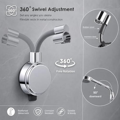 Suction Cup Handheld Shower Head Holder - 360 Swivel Adjustable Metal Neck - Wall Mounted Shower Wand Holder ，Chrome