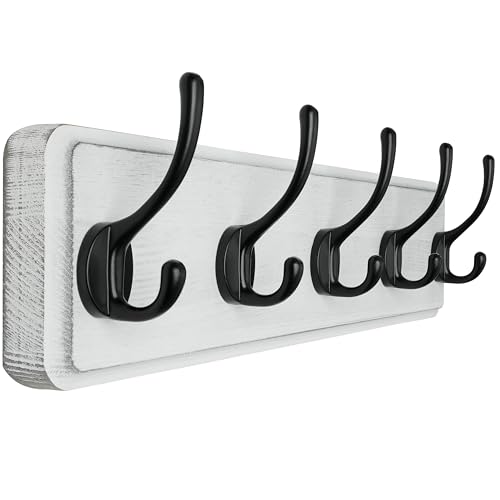 SKOLOO Rustic Wall Mounted Coat Rack, Pine Solid Wood Coat Hook Hanger - 5 Hooks for Hanging Clothes Robes Towels Coats - color: White Plate & Black Hook, size: 1 Item-5 Hooks