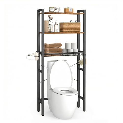 VASAGLE BARNET Collection - Over the Toilet Storage, Over Toilet Bathroom Organizer with Adjustable Shelves and Basket, 3 Hooks, Space Saving, 9.4 x 23.6 x 63 Inches, Rustic Brown UBTS113KD01S - color: Rustic Brown, style: 3 Tiers (63" H)