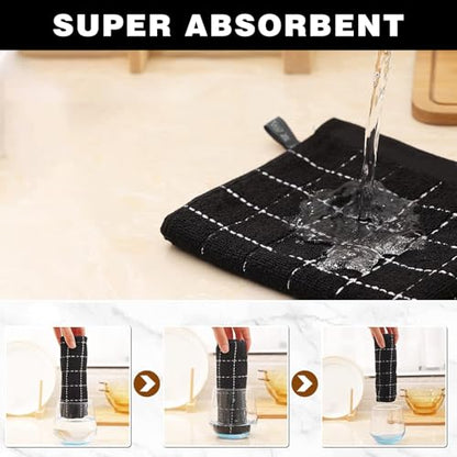 QUILTINA Kitchen Towels 6 Pack, 12 x 12 Inches, 100% Cotton Checkered Designed Terry Dish Cloths, Ultra Soft and Absorbent, Black - color: Black, size: 12 x 12 - 6 Pack-Checkered
