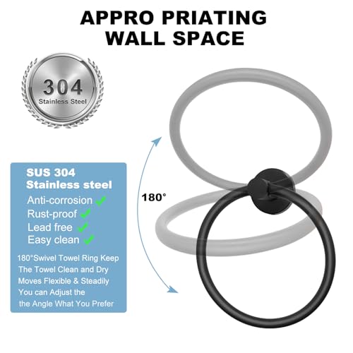 Matte Black Bathroom Hardware Set - Stainless Steel Wall-Mounted Toilet Paper Holder, Towel Ring & 2 Handy Hooks for Modern Bathroom Accessories | Rust-Resistant Towel Hook Set with Easy Installation