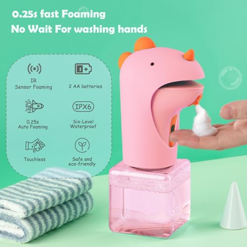 Seawah Automatic Foam Soap Dispenser - IPX6 Waterproof Cute Dinosaur Foaming Smart Hand Soap Dispenser for Bathroom（Pink） - color: Pink