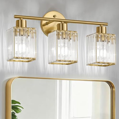 3 Light Bathroom Light Fixtures, Modern Crystal Vanity Lights over Mirror | Metal Frame, Bathroom Light with Square Crystal Shade, ETL Certified, E26 Ceramic Socket, Bulbs Not Included - color: Gold, size: 3-Light