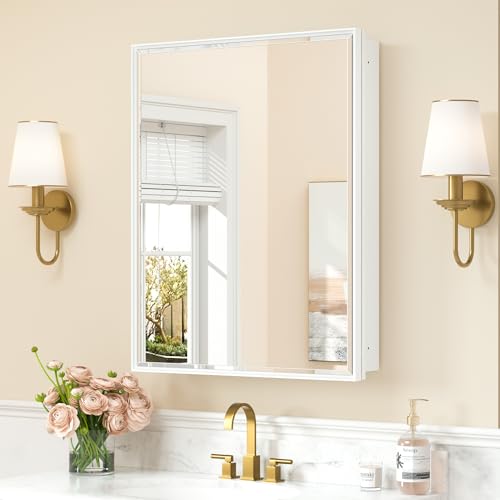 Keonjinn 24” x 30” White Bathroom Medicine Cabinets with Mirror Recessed or Surface Wall-Mounted Aluminum Alloy Metal Framed Beveled Bathroom Mirror, Large Single Door Farmhouse Storage Cabinet Mirror - color: White, size: Mirror: 24x30 IN, style: Single-
