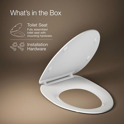 Kohler K-30782-0 Papyrus Quiet-Close Elongated Toilet Seat Soft Close With Grip Tight Bumpers, Thermoset Plastic, White - style: Papyrus