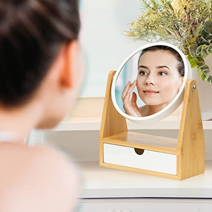 YEAKE Vanity Makeup Mirror with Natural Bamboo Stand, 1X/3X Double Sided Magnifying Mirror with Drawer,Portable Small Table Desk Countertop Mirror, Bathroom Shaving Mirror(Round) - size: 10"L x 7.5"W