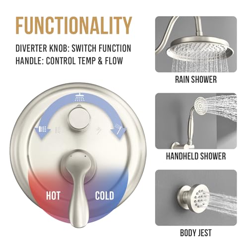 DASAN Antique Shower Faucet Sets Complete Rain Shower System in Wall with Body Shower Spray Jets, Brushed Nicke Shower Fixtures with Rainfall Overhead Shower, Handheld, Valve & Trim Kit, AT249W-BN - color: Brushed Nickel