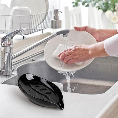 Soap Dish, Self Draining Soap Holder, Leaf Shape Ceramic Bar Soap Holder Drain Soap Dishes for Bathroom Sink Kitchen, Easy to Clean, Keeps Soap Dry, Black, ANTIS'S HOME - color: Black-1pcs-enhanced Draining