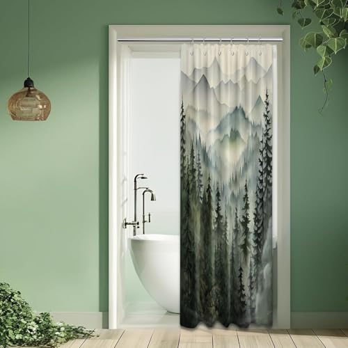 Mountain Shower Curtain Green Forest Nature Shower Curtains for Bathroom Rustic Woodland Pine Tree Landscape Bath Decor Sets, Waterproof Polyester Fabric with Hooks, 36x72in - color: Green, size: 36"W x 72"L (Pack of 1)