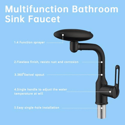 Bathroom Sink Faucet 1 Hole, Matte Black Multifunctional Basin Faucet with 4 Water Outlet Modes, Modern 360°Rotatable Bar Tap with Two Water Supply Pipes - color: Matte Black