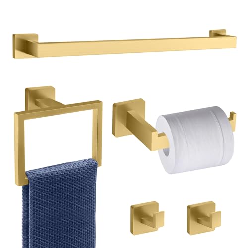 5 Piece Gold Towel Bar Set Bathroom Hardware Set Gold Bathroom Accessories Set with 2 Towel Hook, Stainless Steel Wall Mounted Bathroom Towel Rack Set Square 16-Inch - color: Brushed Gold, size: 16 IN