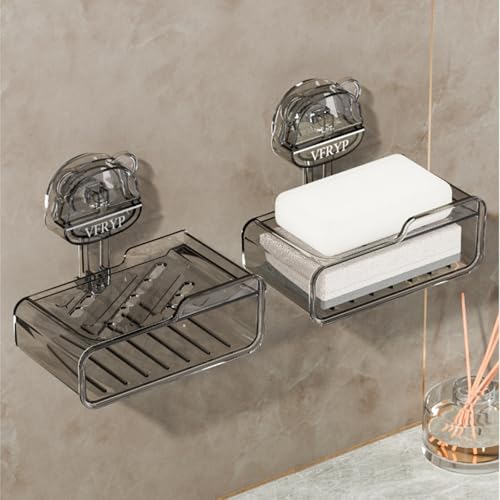 Wall Mount Suction Cup Soap Holder Not Drill Installation Double Layer Drainage Organizers for Bathroom Kitchen Double Layer Drainage Soap Tray