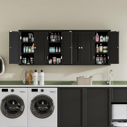 ChooChoo Laundry Cabinet with 3 Doors and Adjustable Shelves | 9.06"D x 31.1"W x 24"H, Bathroom Wall Cabinet, Cupboard, Black - color: Black, size: 9.06"D x 31.1"W x 23.4"H