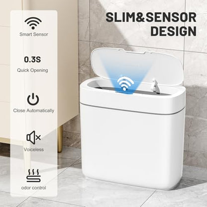 JUDRDO 3.5 Gal Slim Touchless Bathroom Trash Can, Automatic Diaper Pail | Motion sensor opening, automatic liner suction, slim profile for bathrooms, bedrooms, offices, kitchens and nurseries - color: White