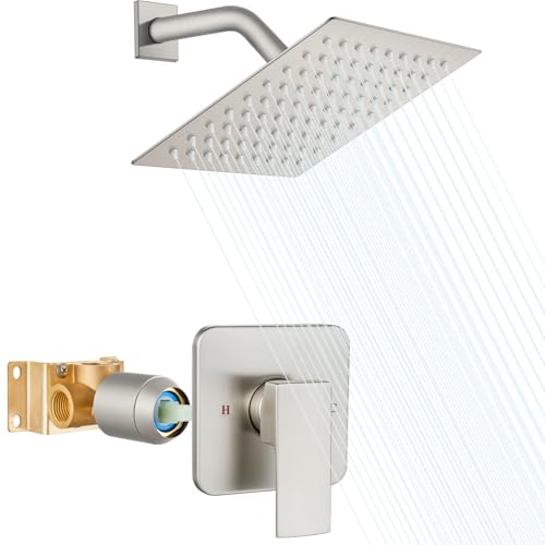 Heyalan 8 Inch Square Rain Shower Faucet Set with Valve, Brushed Nickel | Female-thread 1/2-inch NPT connections, SUS304 shower head, brass rough-in valve, single-handle control Shower Set - color: Nickel, size: 8 Inch Square Shower Head