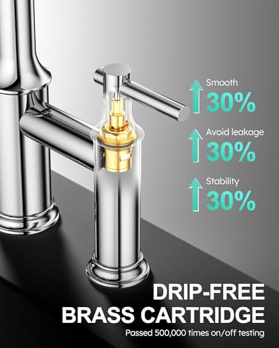 Bridge Faucet with Pull Down Sprayer: Brass Bridge Kitchen Faucet for 1 or 3 Hole - Chrome Two Handles 8 Inch Centerset Kitchen Sink Faucet for Farmhouse RV Laundry - color: Chrome