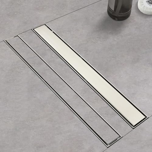 Linear Shower Drain ，24 Inch Brushed 304 Stainless Steel Rectangle Shower Floor Drain，with Reversable Tile-inPattern Drain Cover & Hair Catcher, Adjustable Feet - color: Brushed Nickel, size: 24inch