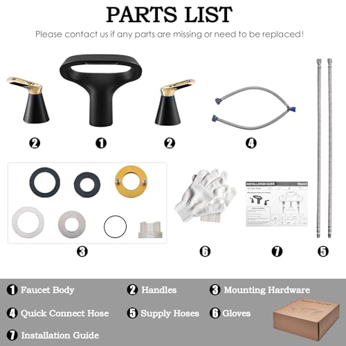 Black Bathroom Faucet 3 Hole, Modern Faucet for Bathroom Sink with Adjustable Spout, Solid Brass 8 Inch Widespread Waterfall Bathroom Faucets with Water Supply Hoses and 2 Gold Handles - color: Black Gold, style: Modern