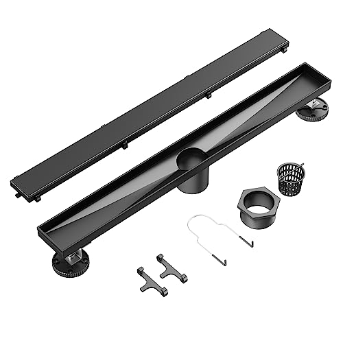 Neodrain 32" Shiny Black Linear Shower Drain,2-in-1 Flat& Tile Insert Cover | 304 Stainless Steel,Fast Drainage, Durable,Rectangle Shower Floor Drain with Adjustable Feet,Hair Strainer,Fits Bathrooms - color: Shiny Black, size: 32 In