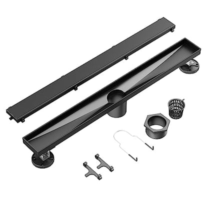 Neodrain 32" Shiny Black Linear Shower Drain,2-in-1 Flat& Tile Insert Cover | 304 Stainless Steel,Fast Drainage, Durable,Rectangle Shower Floor Drain with Adjustable Feet,Hair Strainer,Fits Bathrooms - color: Shiny Black, size: 32 In