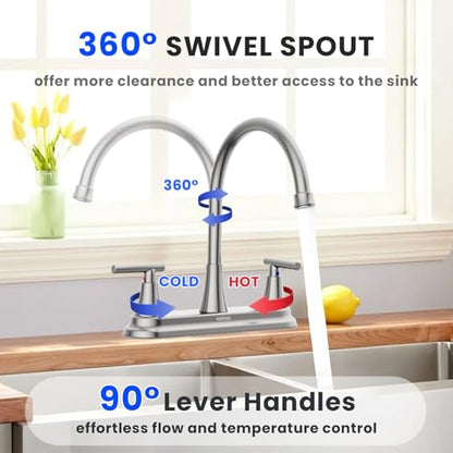 HURRAN 2 Handle Kitchen Sink Faucet, 8 Inch High Arc 360°Swivel Kitchen Sink Faucet, 3 Hole Kitchen Faucet Without Side Sprayer, Centerset RV Kitchen Faucet with Stainless Steel Pipe, Nickel - color: Nickel, style: Without Side Sprayer