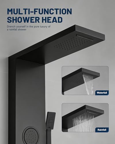 Shower Panel Tower System Rainfall Waterfall Shower Head 3 Massage Body Jet | Handheld Shower Head and Tub Spout Wall Mounted Multi-Function Bathroom Shower Panel Matte Black by Homevacious - color: Black