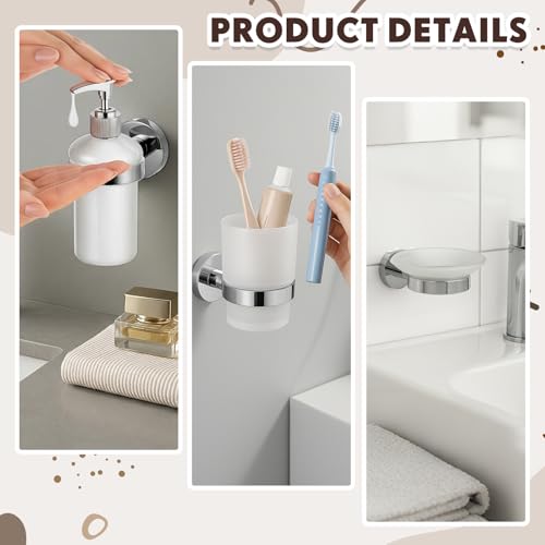 3 Set Wall Mounted Bathroom Accessory Set, Glass Soap Dispenser & Toothbrush Holder with Soap Dish, Stainless Steel Bathroom Wall Organizer for Modern Kitchen Bathrooms