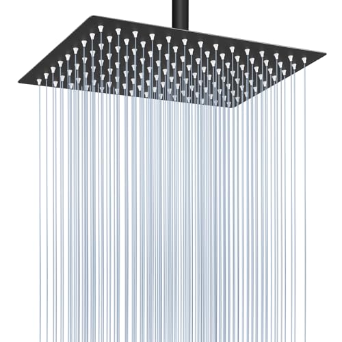 Voolan Rain Shower Head - High Flow Large Rainfall Shower Heads Made of Stainless Steel - Waterfall Bathroom Square Showerhead - Ceiling or Wall Mount (12 * 8 Inch Rectangle, Matte Black) - color: Matte Black, size: 12*8 Inch Rectangle