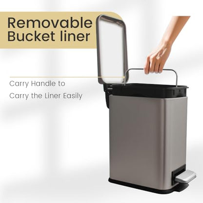 Bathroom Trash Can, Small Trash Can with Lid, Grey Garbage Can | 1.3 Gallon Trash Can with Removable Liner, Soft Close lid & Step Pedal, Stainless Steel Trash Can for Bathroom,Bedroom,Office - color: Grey
