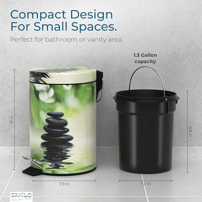 Sanilo Small Bathroom Trash Can with Lid [1.3 Gallon] - Lidded Tiny Trashcan for Garbage - Mini Metal Bin with Soft Closing Mechanism - Bath Room Accessoire Wastebin with Inner Bucket (Harmony) - color: Harmony